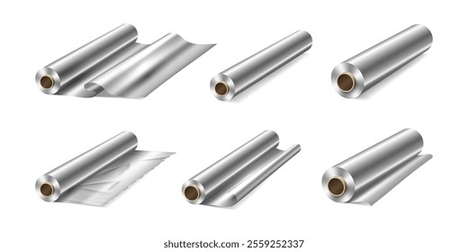 Baking paper roll, food packaging of aluminum in realistic design. Vector kitchen cooking supplies illustration, metal paper for wrapping products. Package or wrap in metal tube