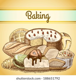 Baking pastry assortment  of cakes macaroon bread bun roll food background template vector illustration