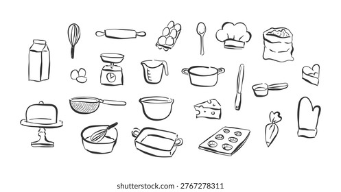 Baking and Pastry Cooking Tools Hand Drawn Doodle Set, Whimsical sketch art, Kitchen and Ingredients Icons Collection for bakery branding, advertising, posters, banners, invitation, card