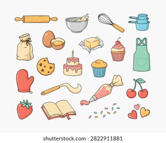Baking and pastry cooking tools including rolling pin mixing bowl whisk measuring cups flour bag eggs butter cupcake cake apron oven mitt spatula piping bag cherries strawberry sugar sprinkles recipe book heart symbols kitchenware items culinary flat vector graphic.