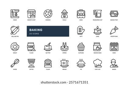 baking pastry dessert making sweet kitchen restaurant detailed outline line icon set