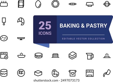 Baking and pastry editable stroke outline minimal icons set. Outline icon collection. Editable stroke. Vector illustration.