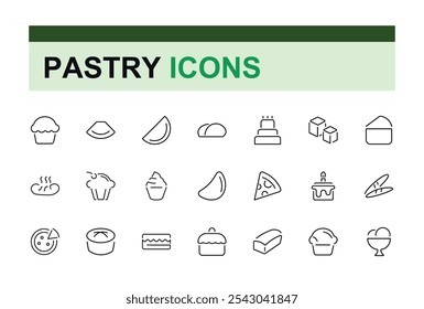 Conjunto de ícone de assar e massa. Relacionado com padeiro, pastelaria, açúcar, pão, donut e muito mais. Ícones de estilo linear fino. Traçado editável. Ilustração vetorial.