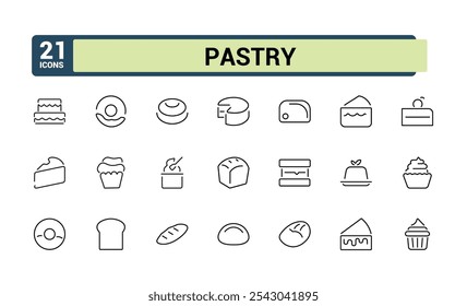 Conjunto de ícone de assar e massa. Relacionado com padeiro, pastelaria, açúcar, pão, donut e muito mais. Ícones de estilo linear fino. Traçado editável. Ilustração vetorial.