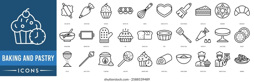 Baking and pastry icon set. Rolling Pin, Pastry Bag, Cupcake, Muffin Tin, Whisk, Cookie Cutter, Pastry Brush and Cake Slice