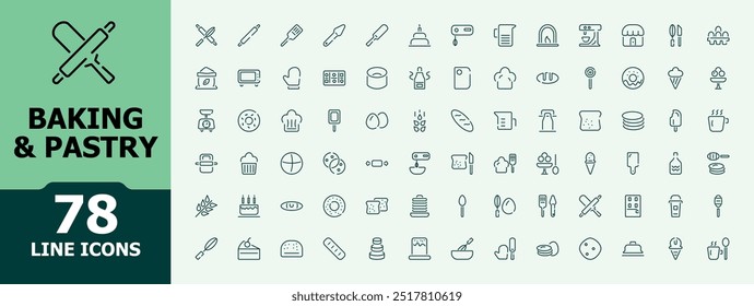 Baking and Pastry line icons. Minimal sweet pastry and bake outline icon or symbols of muffin, food, happy birthday, cheesecake and cookies.