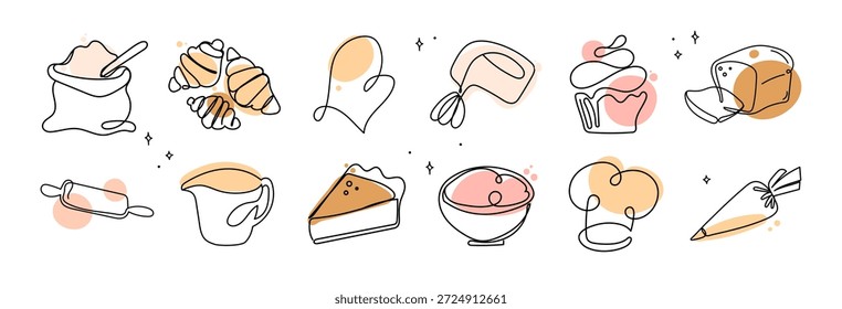 Backen und Gebäck Ein-Zeilen-Icon-Set im Minimal Style. Kontinuierliche Linie Backen und Backwaren Ikonen von Croissants, Kuchen, Utensilien für Rezepte Design, Food Blogs, Verpackung, Menüs, kulinarische Branding. Vektorgrafik 