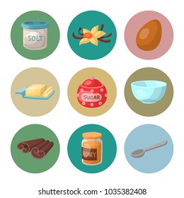 Baking pastry prepare cooking ingredients kitchen utensils homemade food preparation baker vector illustration.