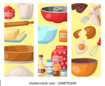 Baking pastry prepare cooking ingredients kitchen cards utensils homemade food preparation baker vector illustration.