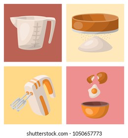 Baking pastry prepare cooking ingredients kitchen cards utensils homemade food preparation baker vector illustration.