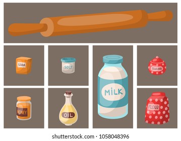 Baking pastry prepare cooking ingredients kitchen cards utensils homemade food preparation baker vector illustration.