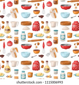 Baking pastry prepare cooking ingredients kitchen utensils homemade food preparation baker seamless pattern background vector illustration.