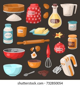Baking pastry prepare cooking ingredients kitchen utensils homemade food preparation baker vector illustration.