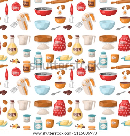 Baking pastry prepare cooking ingredients kitchen utensils homemade food preparation baker seamless pattern background vector illustration.
