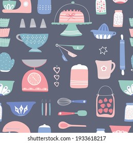 Baking pattern design. Vector seamless repeat of home cake cooking utensils and ingredients. Home baking resource. Retro inspired illustration.