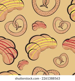 Baking pattern. Muffin, seamless pattern. Croissant and bagel, vector