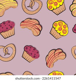 Baking pattern. Muffin, seamless pattern. Croissant and bagel, pancake vector