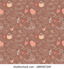 Baking pattern. Vector seamless pattern of kitchen utensils and pastries.