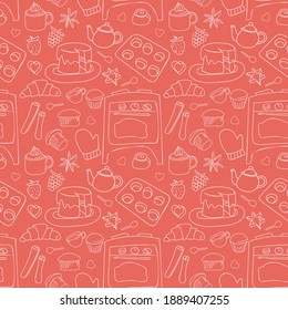 Baking pattern. Vector seamless pattern of kitchen utensils and pastries.