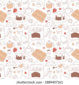 Baking pattern. Vector seamless pattern of kitchen utensils and pastries.