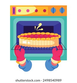 Baking pie in oven, flat style illustration 