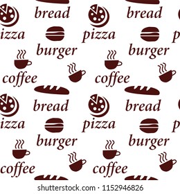 baking, pizza, Burger, bread with steaming coffee mugs on white background