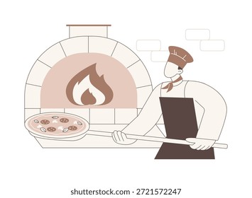 Cozimento de pizza ilustrações isoladas do vetor de desenhos animados. Chef colocando deliciosa pizza no forno, processo de cozedura, setor de serviços, horeca business, desenho animado tradicional vetor refeição italiana.