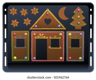 Baking plate - pieces of a gingerbread house with colorful candy ornaments.