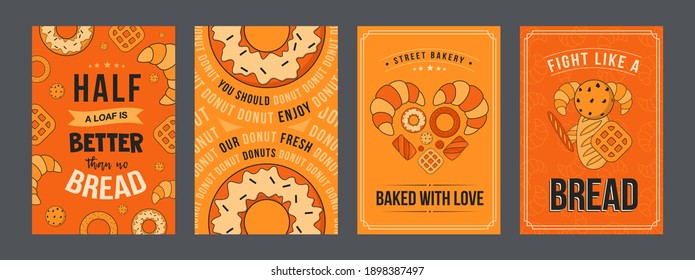 Baking posters set. Donuts, croissants, cookies vector illustrations with text on orange background. Bakery, food or pastry concept for flyers and brochures design