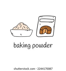 Baking powder. Baking ingredient, kneading dough. Good cleanser. Vector isolated hand drawn doodle illustration. Icon or card