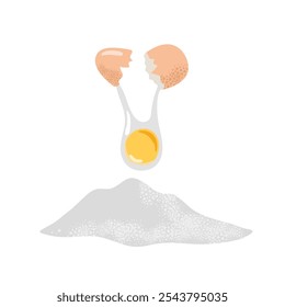 Preparación para hornear. El huevo cae en un montículo de harina. Ilustración vectorial aislada sobre fondo blanco. Ingrediente natural de cocina de proteína de alimentos saludables. Diseño para el menú, café, clase de cocina, recetas