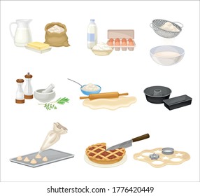 Baking Process with Doughing and Mixing Ingredients with Cookware Vector Set