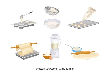 Baking Process with Doughing, Sieving and Rolling Using Cookware Vector Set