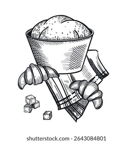 Cozimento, o processo de fazer doces doces. Massa em uma tigela, açúcar em bloco, toalha de cozinha, croissants prontos. A ilustração é adequada para o projeto de padarias, pastelarias, lojas.