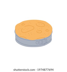 Baking process of pie. Freshly homemade baked dessert in a baking dish. Traditional sweet pastry. Flat cartoon vector illustration isolated on a white background.