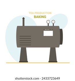 Proceso de horneado de la producción de té. Ilustración de vector de dibujos animados de producción de té natural industrial