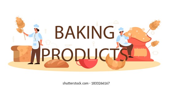 Baking product typographic header. Chef in the uniform baking bread. Baking pastry process. Bakery worker and pastries goods. Isolated vector illustration