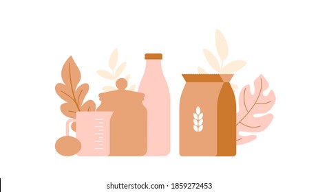 Baking products: flour, milk, sugar. Abstract composition from cans, bottles and packages. Good for baking, cooking, gastronomy. Vector illustration in a modern style.