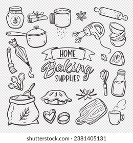 Baking products isolated on white background. Hand-drawn doodle illustration. Home baking supplies. Vector illustration. Set 1 of 2.