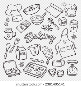 Baking products isolated on white background. Hand-drawn doodle illustration. Home baking supplies. Vector illustration. Set 2 of 2.