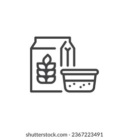 Icono de línea de productos de hornear. signo de estilo lineal para concepto móvil y diseño web. Paquete de harina e icono vectorial de contorno del intestino. Símbolo de panadería, ilustración del logo. Gráficos vectoriales