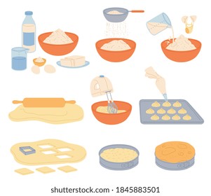 Productos de horneado y proceso de corte de masa y bollería conjunto de ilustraciones vectoriales planas aisladas en fondo blanco. Recolección de ingredientes para cocinar y cocinar.