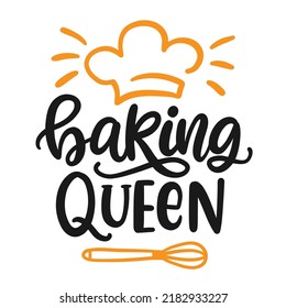 Baking Queen Logo, Master Chef Hand Written Lettering Emblem With Cooker Hat. Baking Modern Calligraphy Badge Logotype. Cooking. Vintage Retro Kitchen Decor. Vector Illustration. Apron Print Design