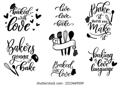 Baking Quotes vector illustration, Cooking hand drawn lettering, Baking with love, Kitchen wall art print, Kitchen utensils, Bakery poster, Farmhouse decor, Chef logo