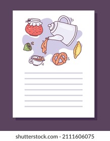 Baking recipe card design with teapot and baked food, hand drawn vector illustration on white background. Recipe cooking book page design with sketch style sweet food.