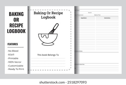 Baking Recipe Journal Vector Illustration for KDP Interior Design, Home Cooks and Bakers