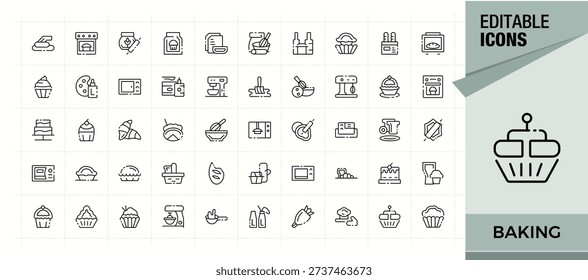 Baking related icon set. Collection of simple line web icons. Contain linear symbols boil, utensil, food, cooking. Editable stroke. Cooking icon collection.