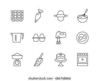 Baking related line icons set with muffin pan, kitchen scale, oven, mixer, eggs, pastry bag.