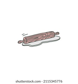 Baking rolling pin device on piece of dough, hand drawn sketch vector illustration isolated on white background. Baking and food cooking device emblem.