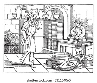 Baking room in porcelain works, vintage engraved illustration.